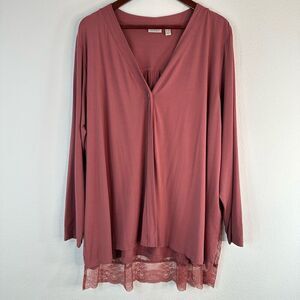 LOGO Lori Goldstein Rose Pink Jersey Cardigan Women’s 1X Mixed Media Lace Back